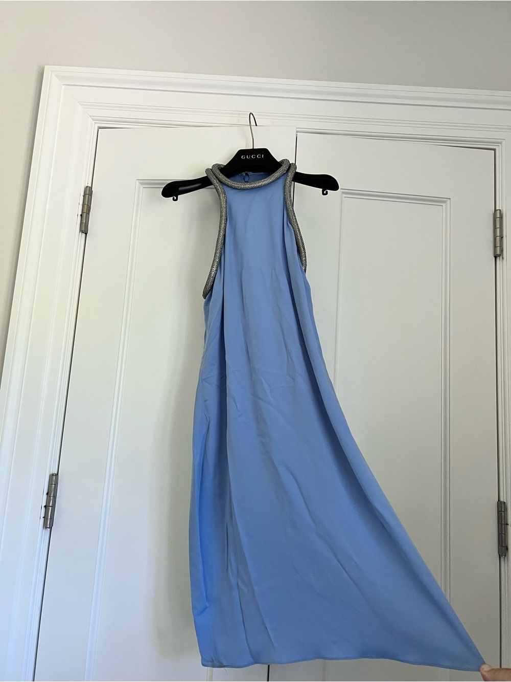 GUCCI Sky Blue One-Shoulder Evening Gown with Beaded Trim